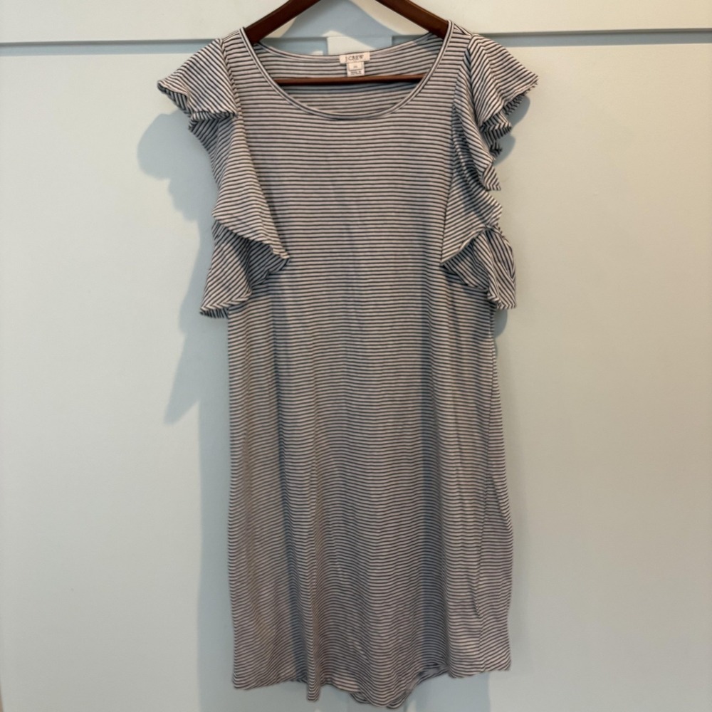 J.Crew T-Shirt Dress Womens XS Navy White Stripe Ruffle Sleeve Cotton